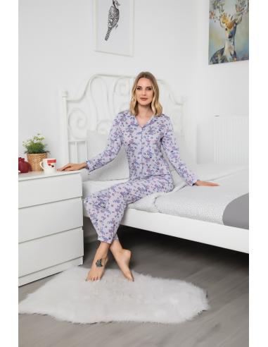 Pijama Lux 100% bumbac, imprimeu floral, gri