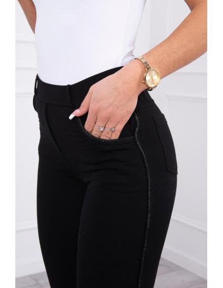 Pantaloni negri din bumbac cu dungi de zircon